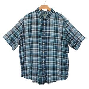 Woolrich Shirt Mens XL Blue Plaid Short Sleeve 100% Cotton Work Preppy Casual